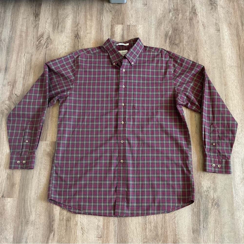 L.L. Bean Shirt Mens L Reg Red Green Plaid Wrinkle Resistant Cotton Button Down